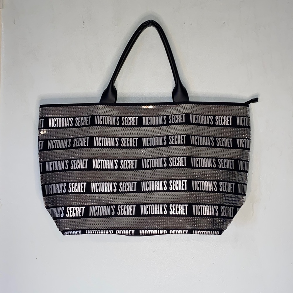 Victoria's Secret Large Tote Bag Black With Silver Sequins